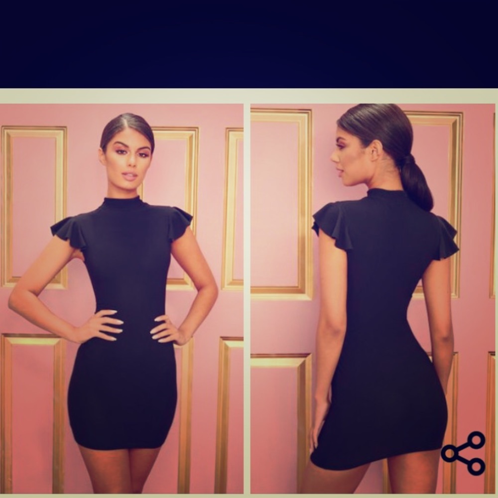 PLT Black High Neck Cap Sleeve Bodycon Dress